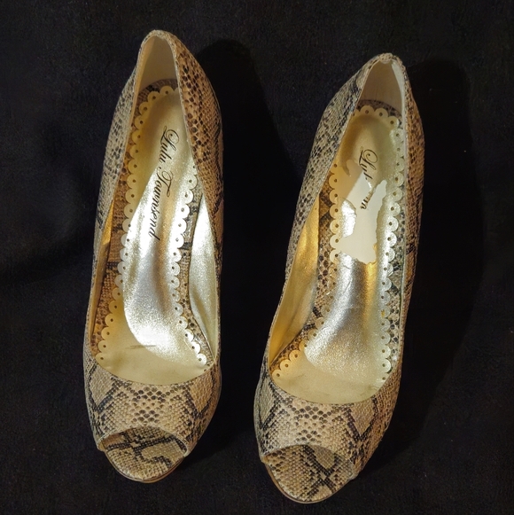 Lulu Townsend Snakeskin Pattern Peep Toe Platform Heels - Size 6.5 - Picture 5 of 7